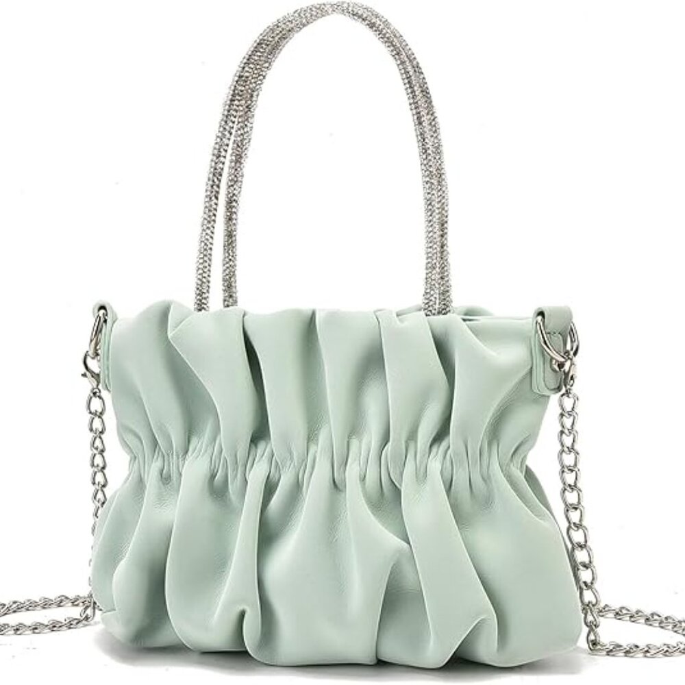 Vegan Leather Purse Bag Crossbody Evening Dressy Chain Ruched Pleated